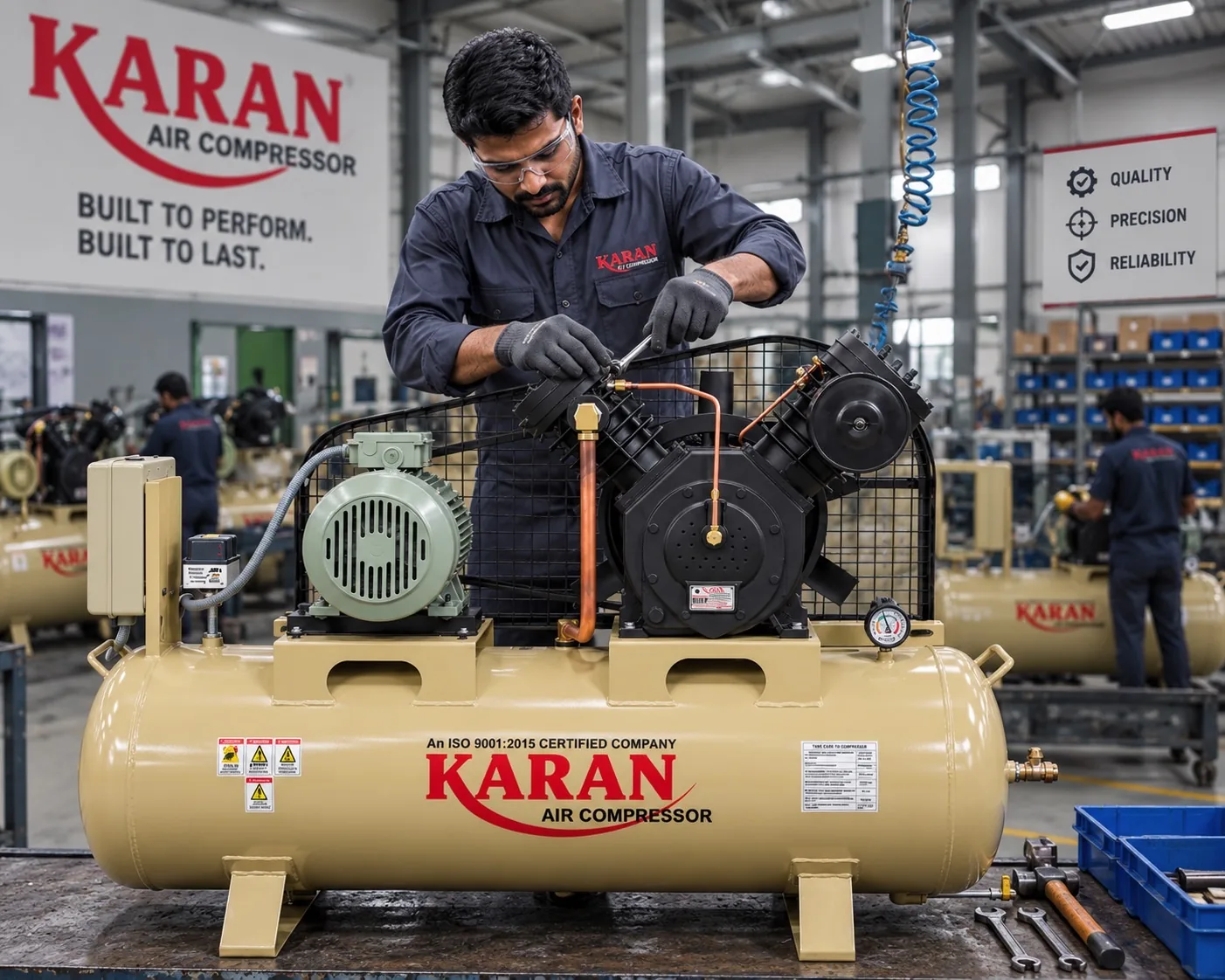 Karan Micro Industries technician assembling a two-stage reciprocating air compressor